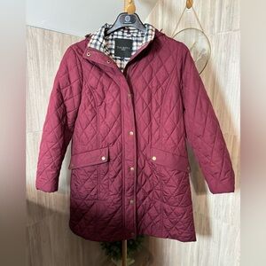 Talbots Women's Quilted Maroon Burgundy Puffer Coat With Hood Petite Size